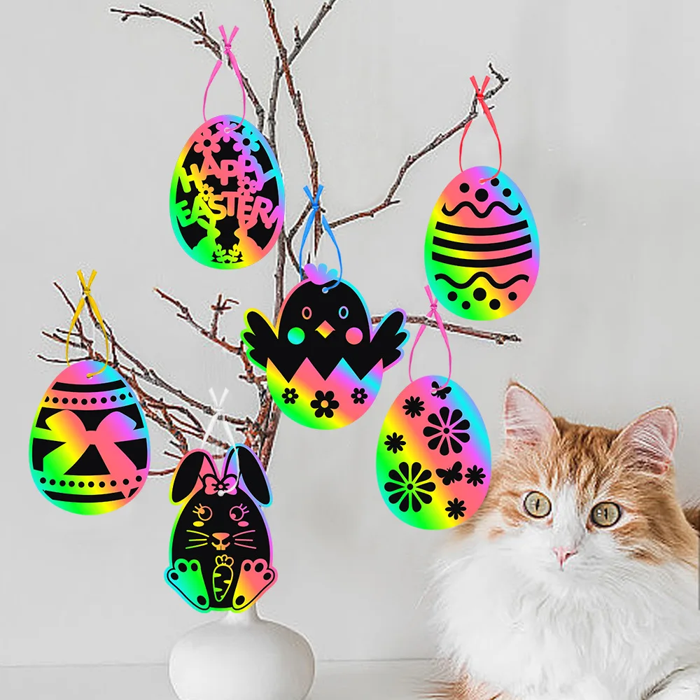 24pcs/set Easter Decoration Scratch Card Holiday DIY Color Scratch Painting Gift Label Easter Party Decorations Pendants