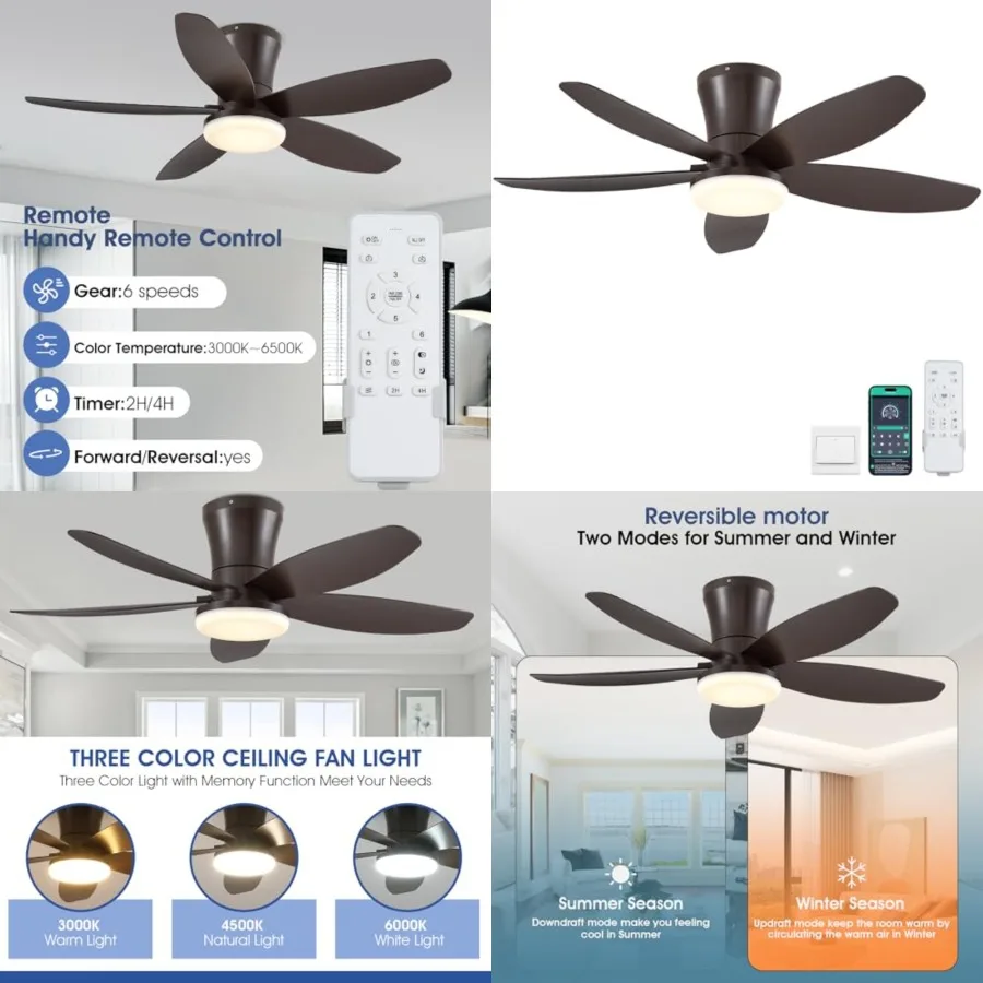 

Ceiling Fans with Light and Remote/APP Control, 5-Blade Reversible Motor Ceiling Fan, 3-Color Dimmable Lighting, Finish