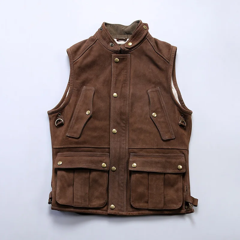 Vintage Hunting Fishing vest casual genuine Leather Men Stand Collar Moto Thick Cowhide Sleeveless Jackets Waistcoats