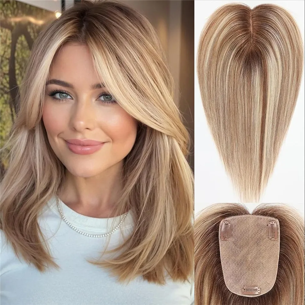 Real Human Hair Toppers for Women 100% Natural Hair No Bangs Brown Blonde 4 * 5.5 inch Base 12 inch Hair Topper for Hair Loss