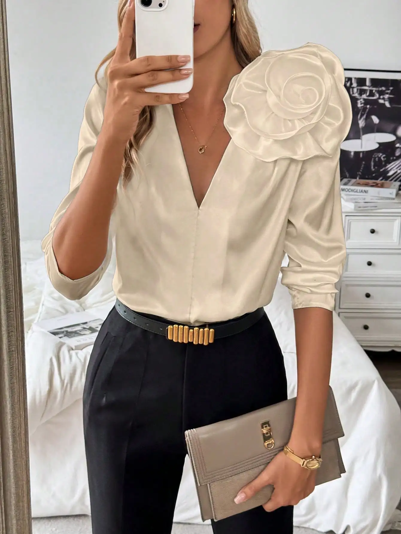 

Three-dimensional flower V-neck shoulder pleated long sleeves clean satin spring and summer women's shirt