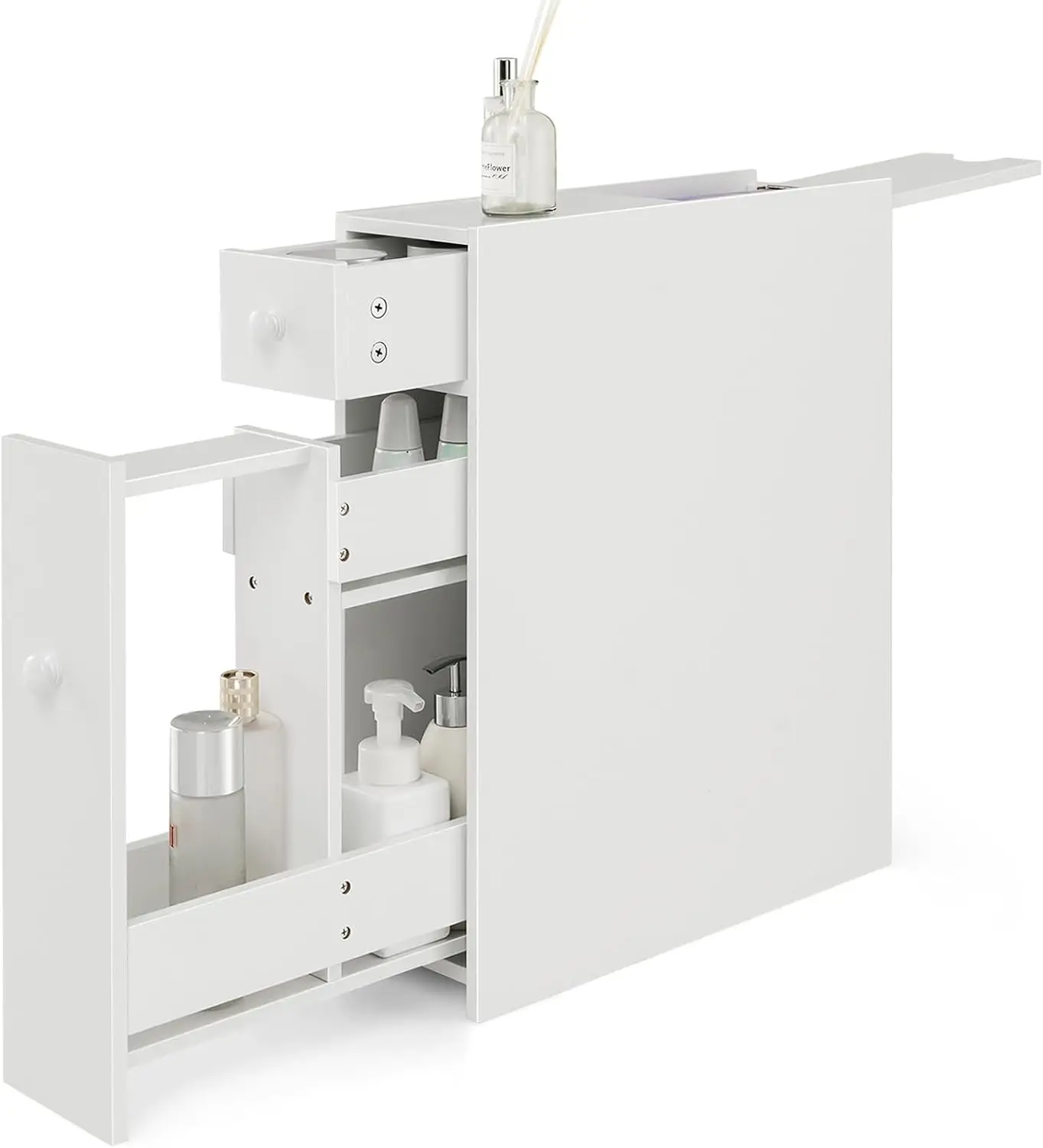 

Узкий напольный шкаф для хранения, отдельно стоящий, с выдвижными ящиками, органайзер для ванной комнаты рядом с унитазом, держатель для туалетной бумаги