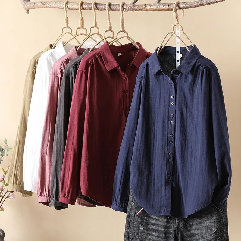 Cotton Yarn Dark Red Shirts Women Japan Style Autumn Skin-Friendly Casual Long Sleeve Shirt Blouse Soft Backing Shirt