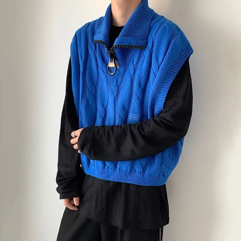

Весенний ретро-жилет на молнии с высоким воротом, вязаный, мужской, цвета Инс Кляйн, безрукавка, молодежный, для пар, свободный крой