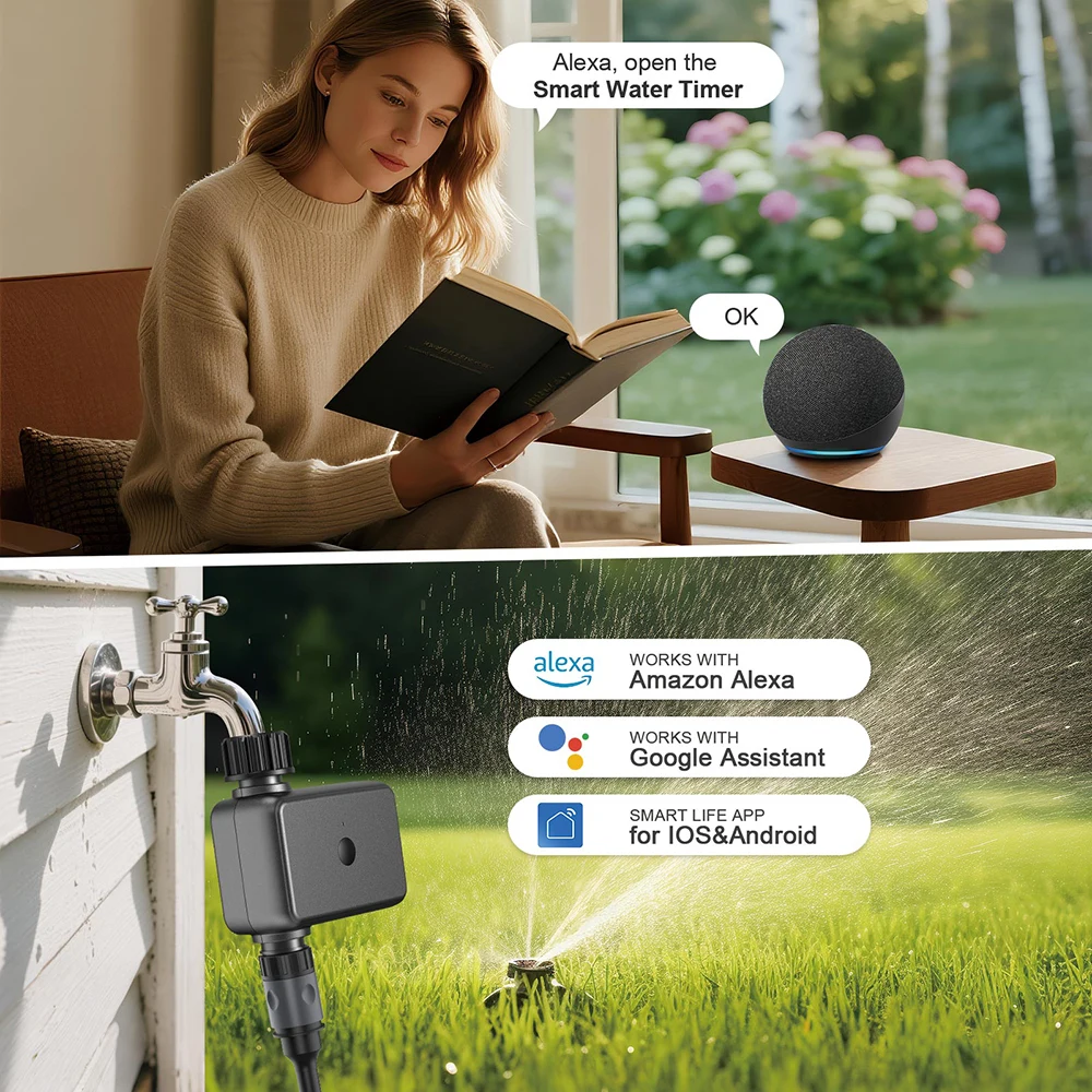 Tuya Wifi Smart Irrigation Watering System Automatic Water Timer Sprinkle Timer Hose Control Unit Support Alexa for Garden
