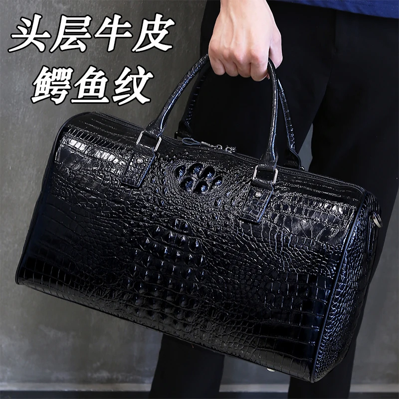 

Genuine Leather Crocodile Patterned Travel Men's Large Capacity Luggage Women's Top Layer Cowhide Business Boarding Bags Handbag