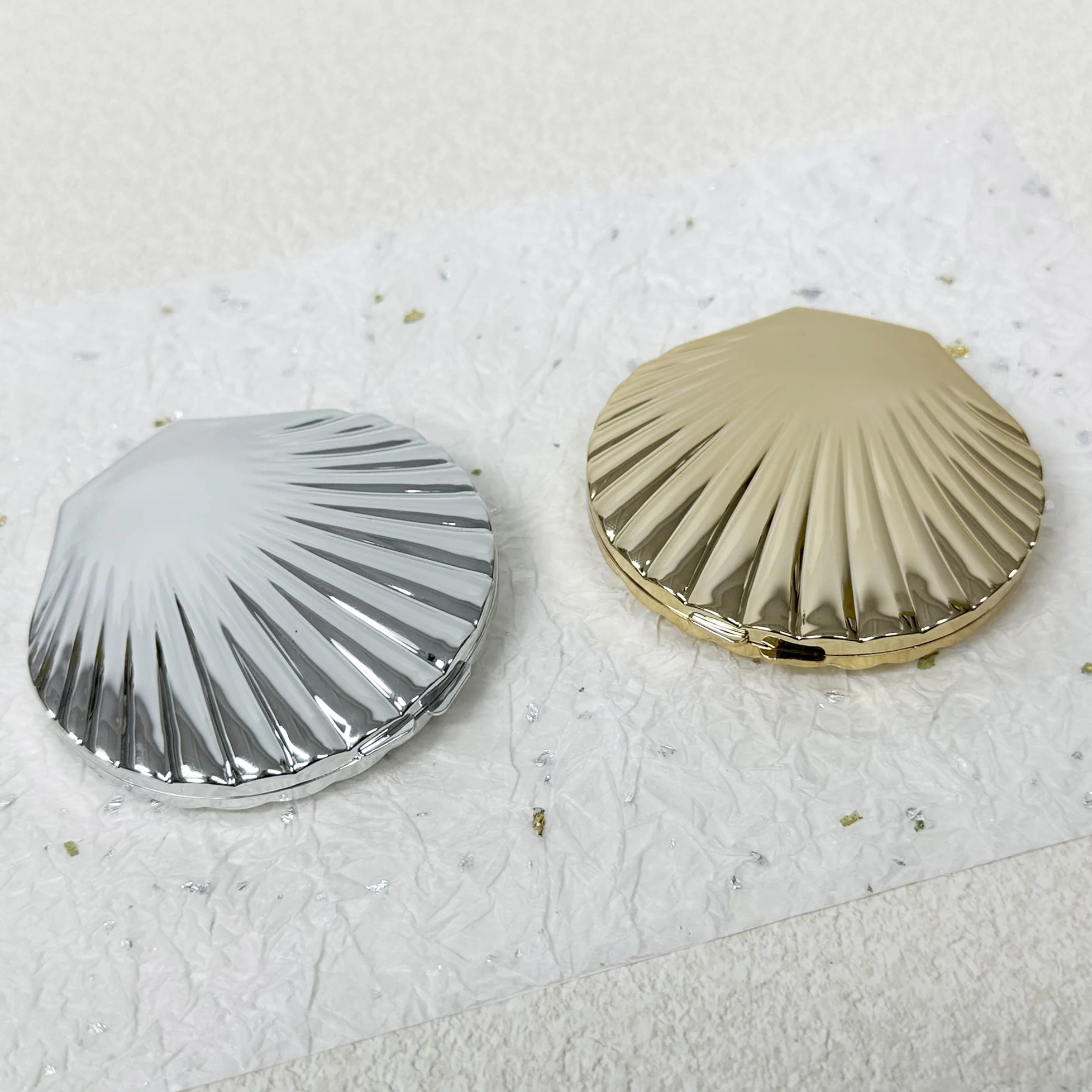 Shell Shaped Double Sided Makeup Mirror, Silver and Gold Shell Mirror, 1X/2X Folding Hand Mirror