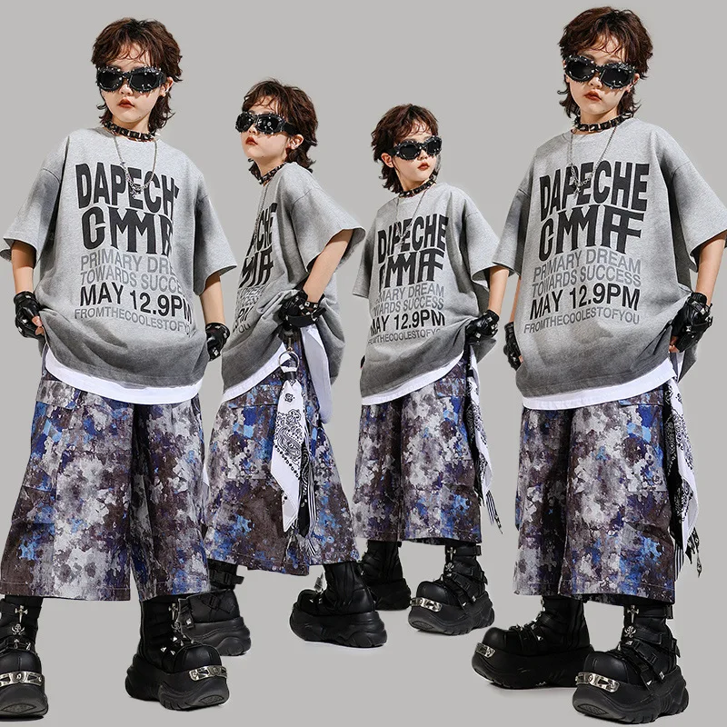 

Kid Kpop Hip Hop Clothing Gray Letters T Shirt Tie Dye Print Casual Cargo Shorts Middle Pants for Girl Boy Dance Costume Clothes