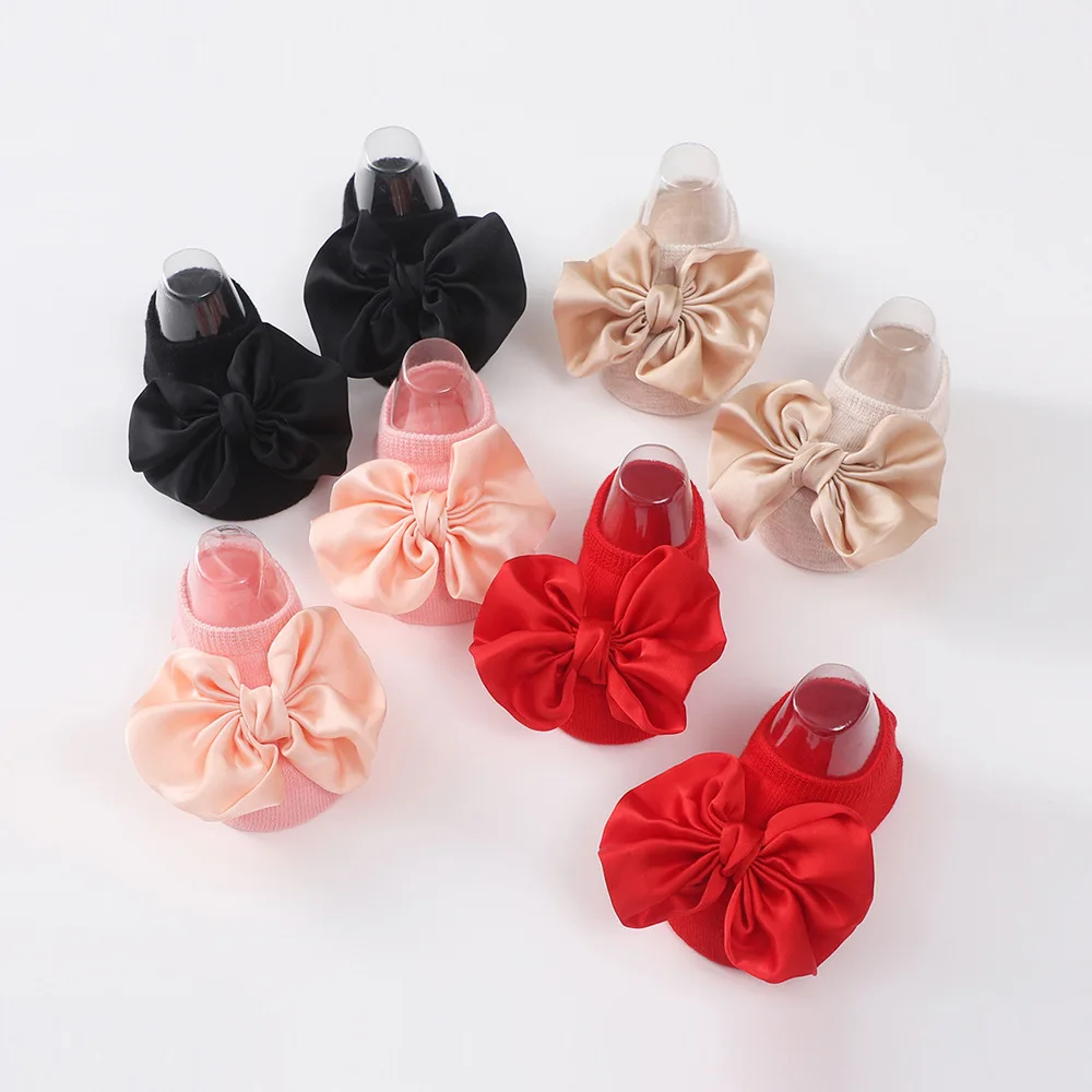 1Set Newborn Big Bowknot Headbands Mid Socks New Baby Soft Solid Color Prewalker Sock Girl Infant Cute Knitted Hairband Socks