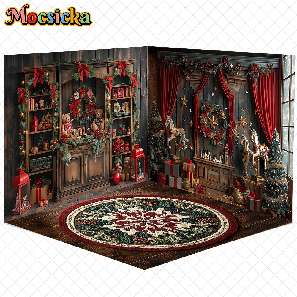 Mocsicka New Year Christmas Backdrop Home Tree Door Window Bookshelf Wood Wall Floor Decor Family Holiday Party Photo Background