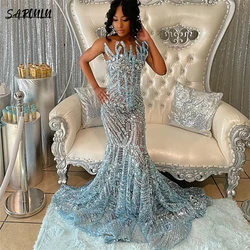 Sexy Beaded Sky Blue Prom Dress Strapless Illusion See Through Evening Gown With Crystals Customized Women Formal Occasion Dress