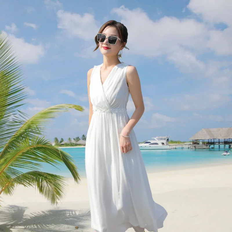 Summer Dresses For Women 2024 Casual 100% Silk Black Dress Office Lady V-neck Slim Sexy Dress Women Clothing Women's Dresses Zm