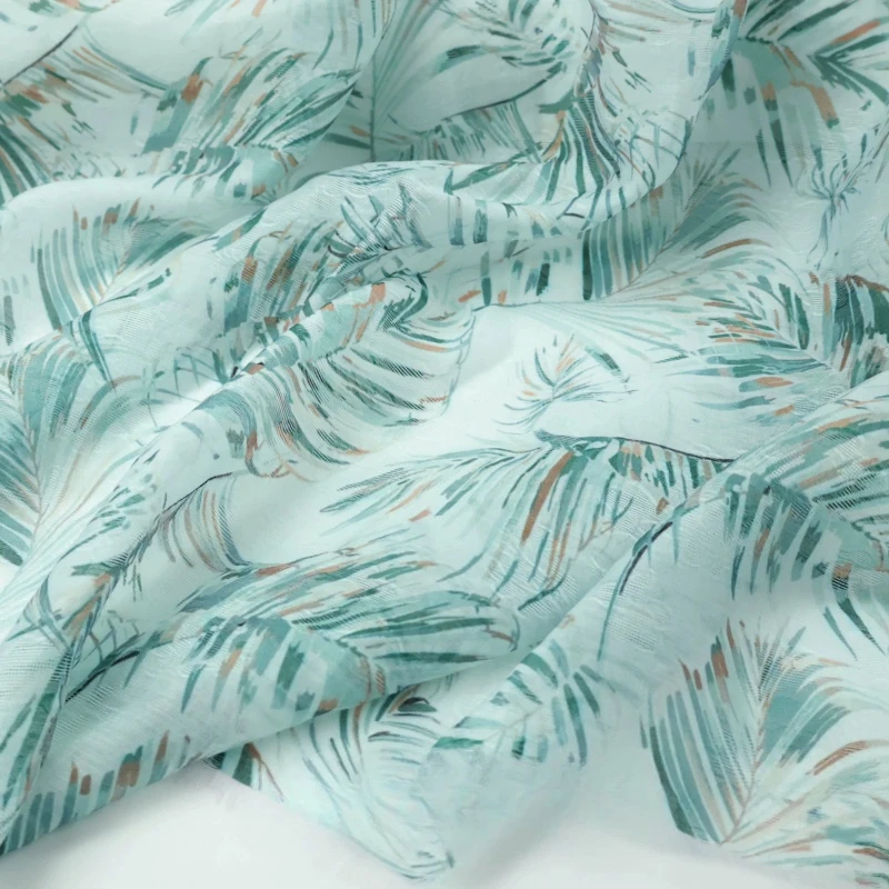 Blue Green Palm Leaf Print Pattern Jacquard Lyocell Linen Fabric Skin Friendly Dress Semi Transparent Shirt Lightweight Fabric