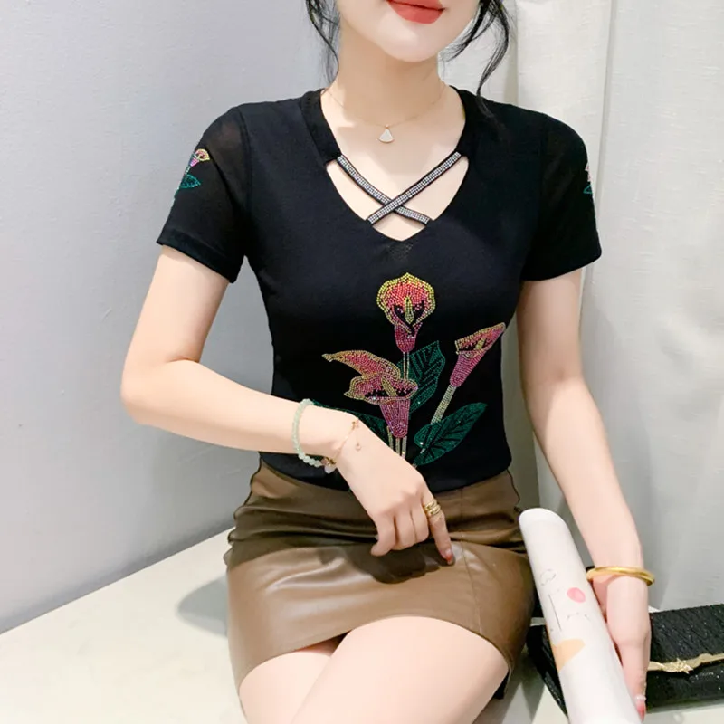 Korean Fashion Flower Diamonds T-shirt Women Clothes Summer Designer Sexy Hollow Out Tops Ladies Short Sleeve Mesh Tees