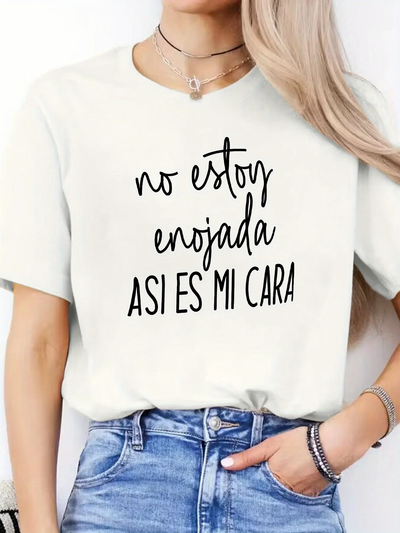 No Estoy Enojada Asi Es Mi Cara Women's Tee - Funny Spanish Phrase Graphic, Casual Humor Top Y2k Casual Daily Aesthetic Tops