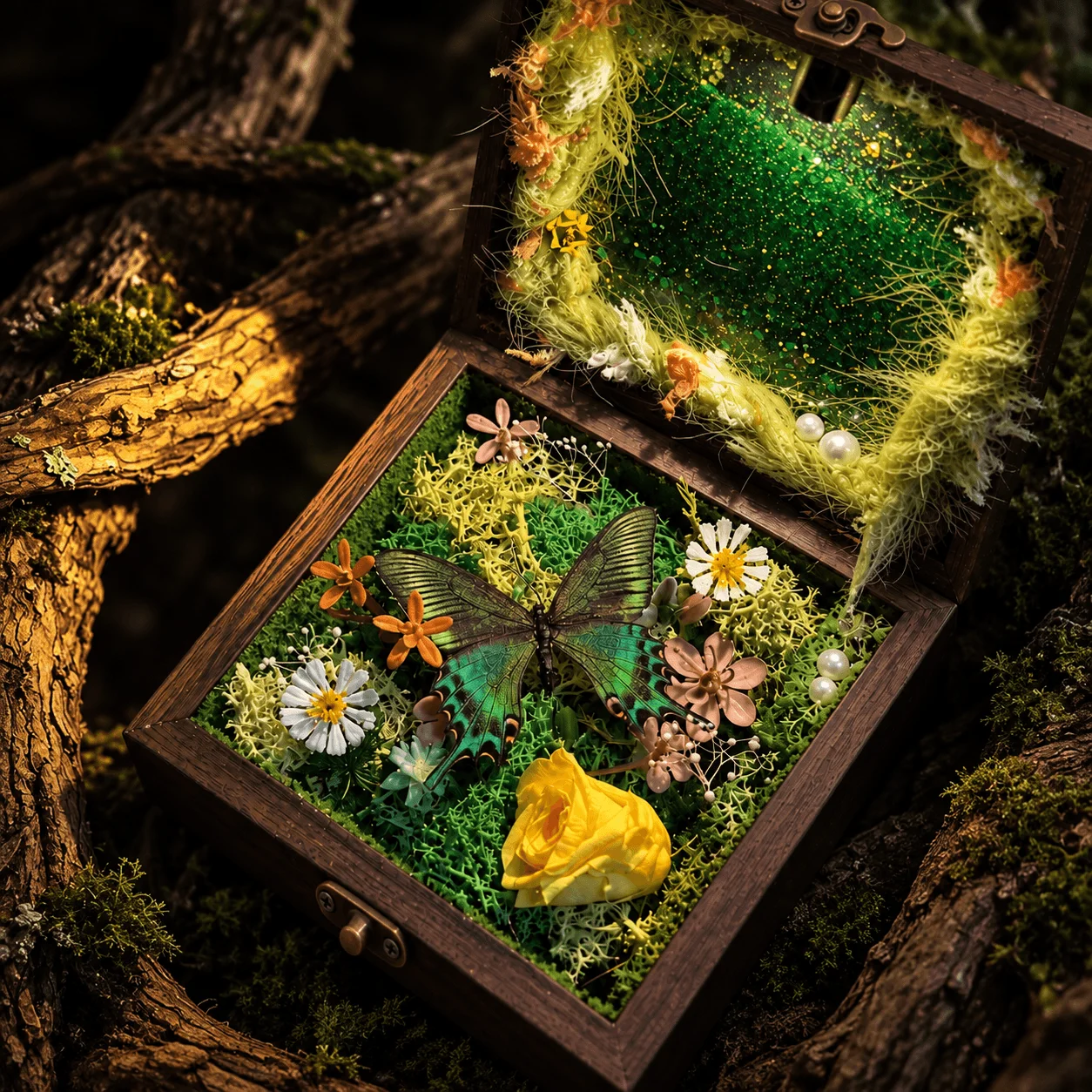 Papilio Maackii Butterfly Display Box, Shaker Acrylic Hinged Lid, Mini Botanical Scene, Natural History Curio Decor 12×12cm