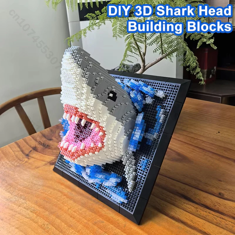 3D القرش رئيس اللبنات الحيوانات جدارية جدار كتلة DIY البناء تجميع جدار ديكور الجدار شنقا الديكور لعبة هدية #1