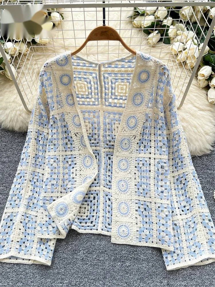 

Винтажные свободные клетчатые кардиганы в стиле бохо, женские полые топы с длинными рукавами и цветочным крючком, солнцезащитный крем для отпуска, повседневная рубашка