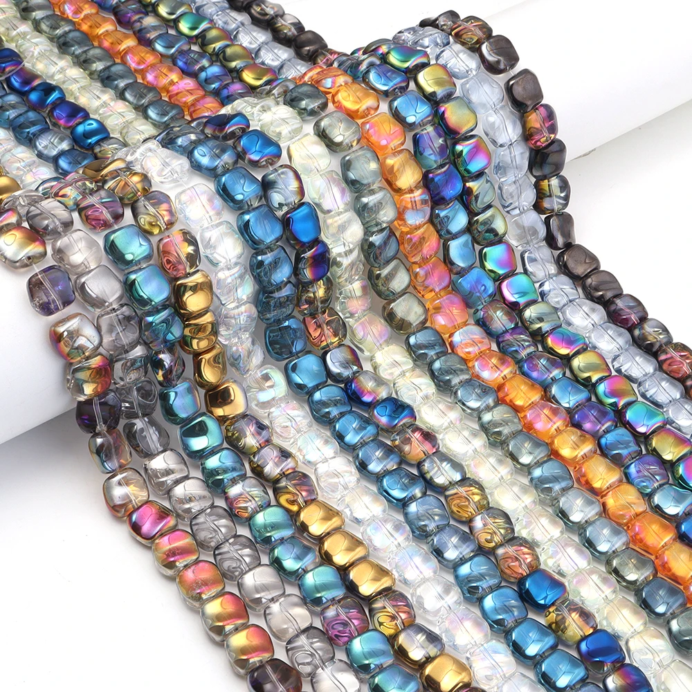 1 Strang 12 x 11 mm unregelmäßige quadratische Glasperlen, bunte galvanisierte lose Distanzperlen für DIY-Schmuckherstellung, Armbänder, Halsketten