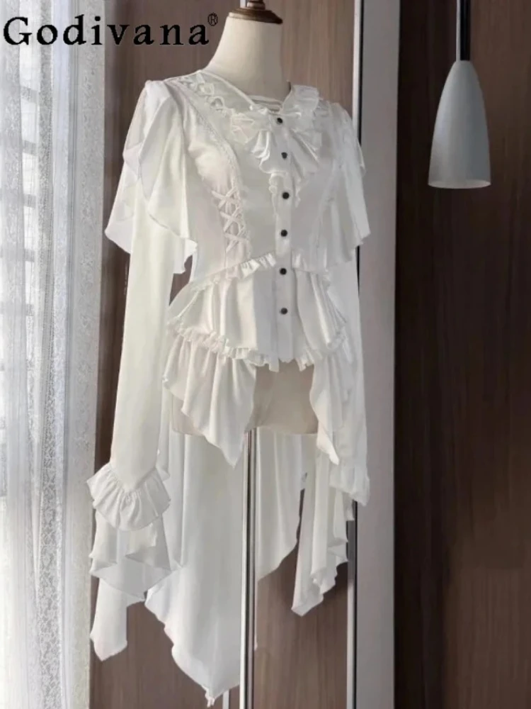 

Готическая темная великолепная придворная рубашка на шнуровке со шлейфом Лолита Элегантный универсальный модный топ с расклешенными рукавами и милыми оборками нестандартной формы