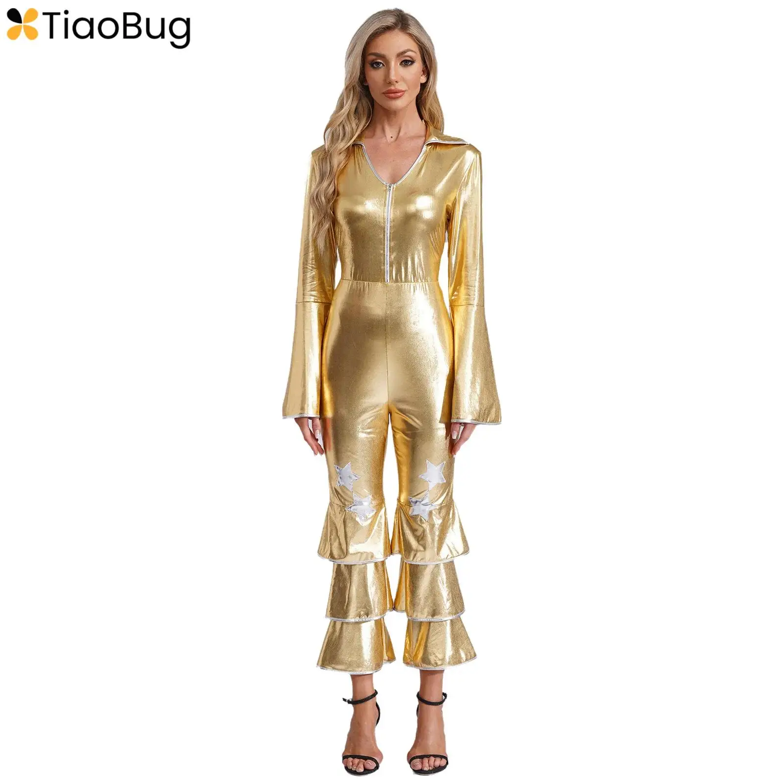 

Womens 70s 80s Disco Dance Jumpsuit Shiny Metallic Party Bodysuit One Piece Long Sleeve Flared Jumpsuit Carnival Cosplay Costume