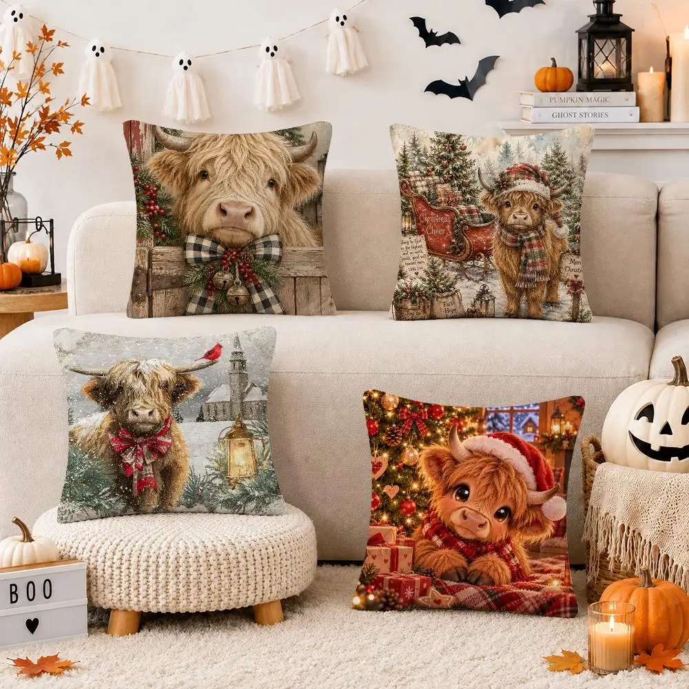 Christmas highland cow Cushion Cover Throw Pillow Covers Decorative Cushion Covers for Sofa Living Room Halloween Decor