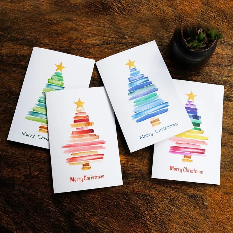 4 Stück Aquarell-Weihnachtsbaum-Grußkarte, Frohe Weihnachten, buntes Weihnachtsbaum-Muster, handbemalte Grußkarte, Urlaub P