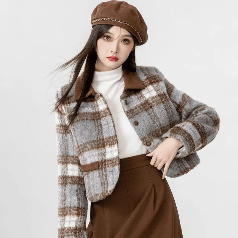 العصرية صغيرة المرأة الخريف الشتاء منقوشة معطف الصوف قصيرة المألوف الكورية نمط سترة صوفية ملابس خارجية الإناث #1