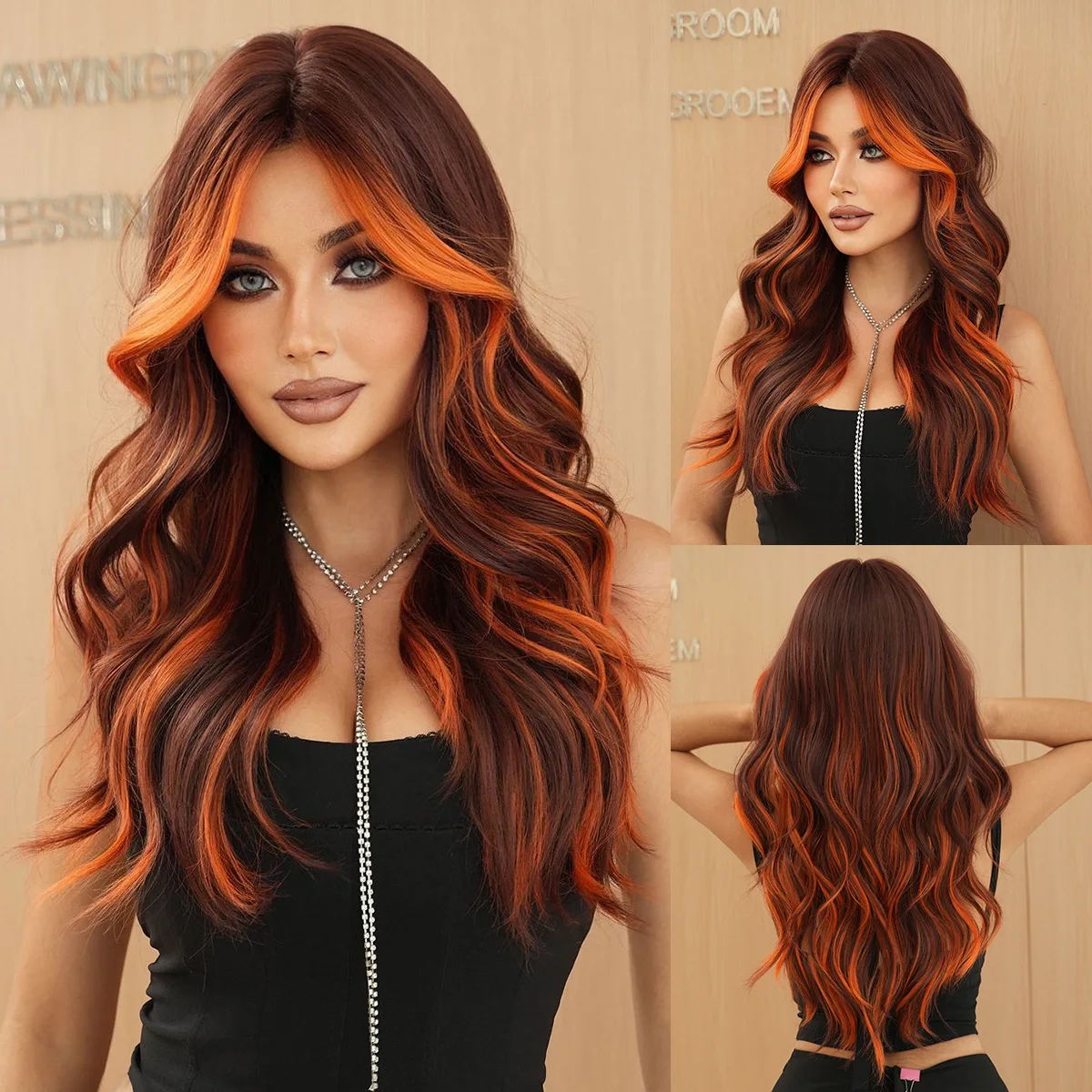 

female eight-character bangs full head color flame orange long curly hair Highlight Wigs