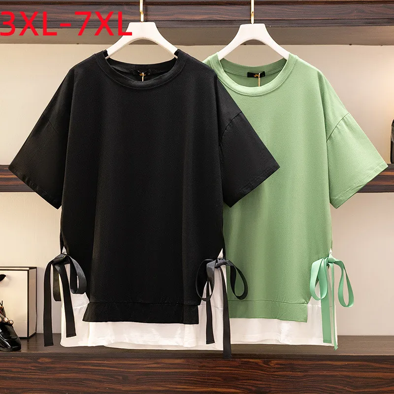 

New 2022 Summer Plus Size Tops For Women Large T-shirt Short Sleeve Loose Black Green Cotton Long T-shirt 3XL 4XL 5XL 6XL 7XL