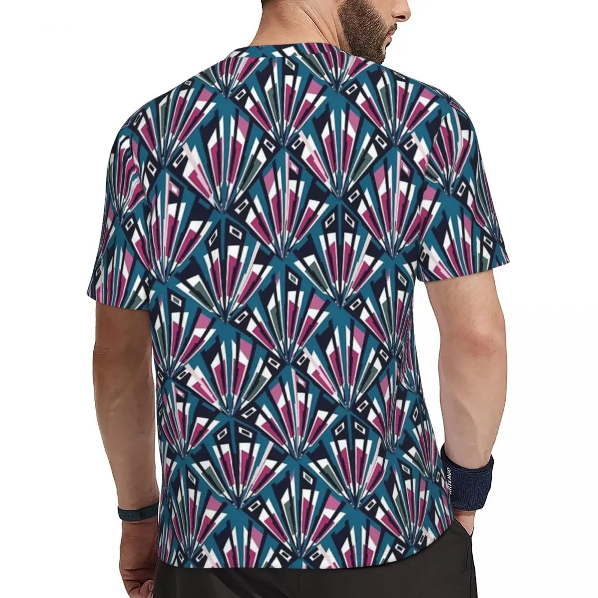 Teal Pink And Green Mid Century Fan Pattern Men's Short-sleeved Mesh Classic Loose Cool Comfortable T-Shirt