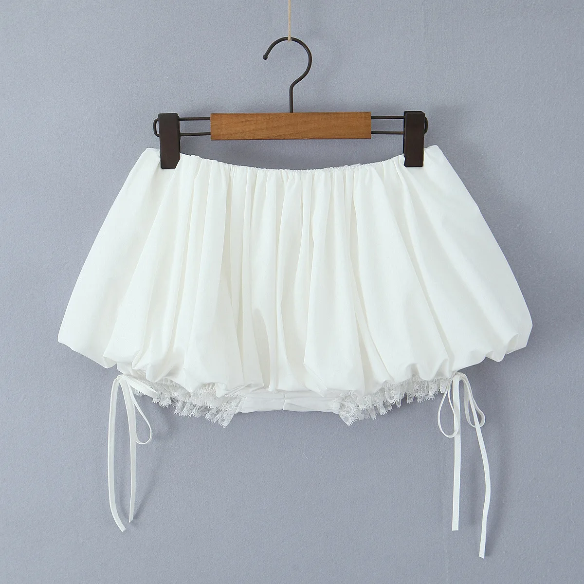 Sexy Vintage Lace Trim Elastic Waist Anti-Exposure Tie Puff Short Skirt 2026 New Spring Summer Women Drawstring Mini Skirts
