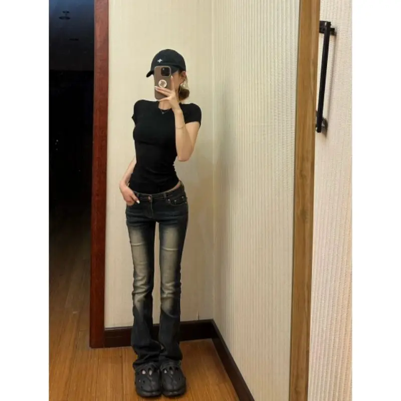 American Retro Micro Flared Jeans Women's New Elastic Low Waist Slim and Petite Figure Spicy Girl Tight Fitting Floor Pants