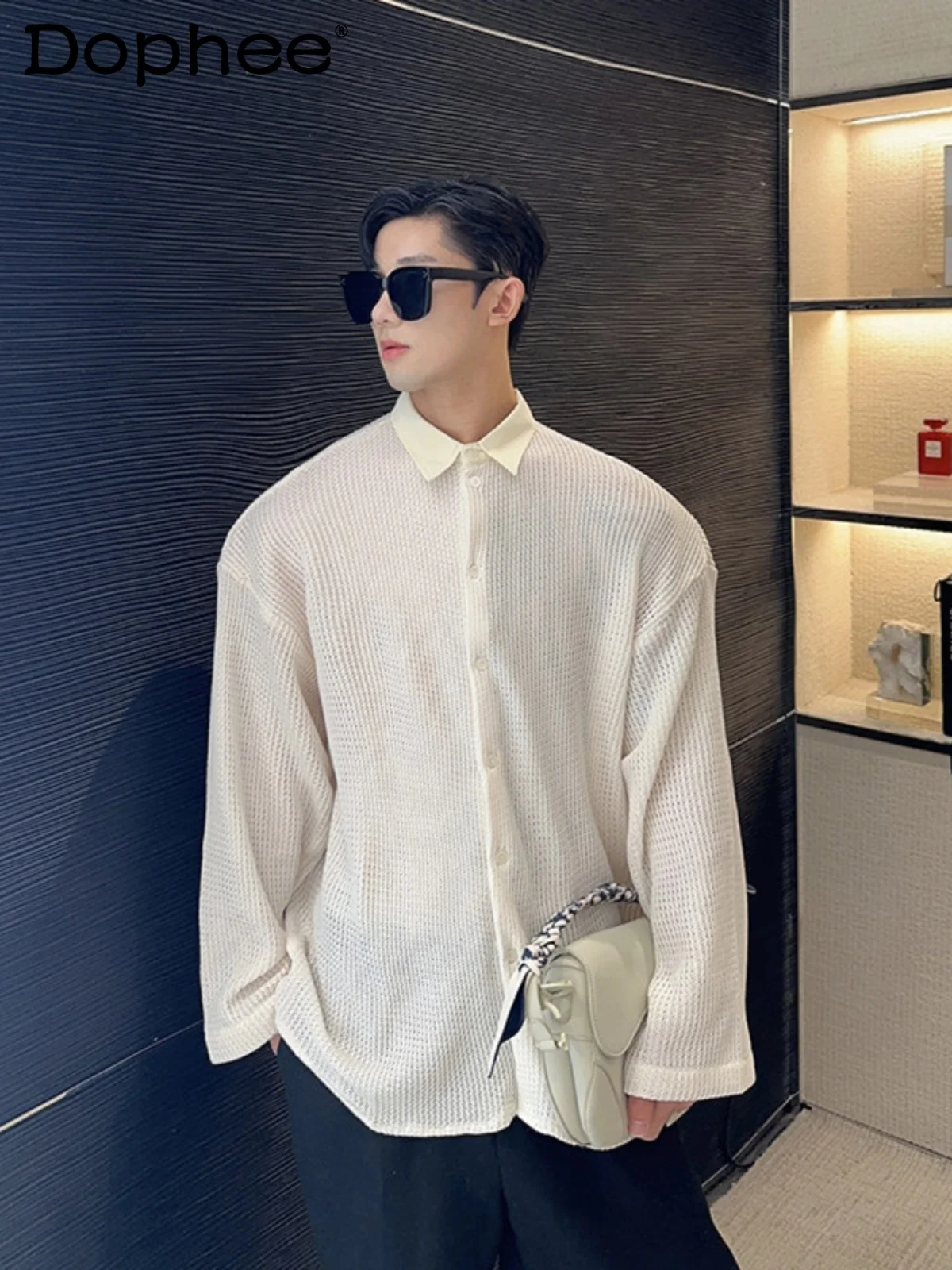 Retro Hollow Out Design Temperament Shoulder Pad Long-sleeve Shirts Men's 2024 Loose Trendy Versatile Handsome Solid Color Tops