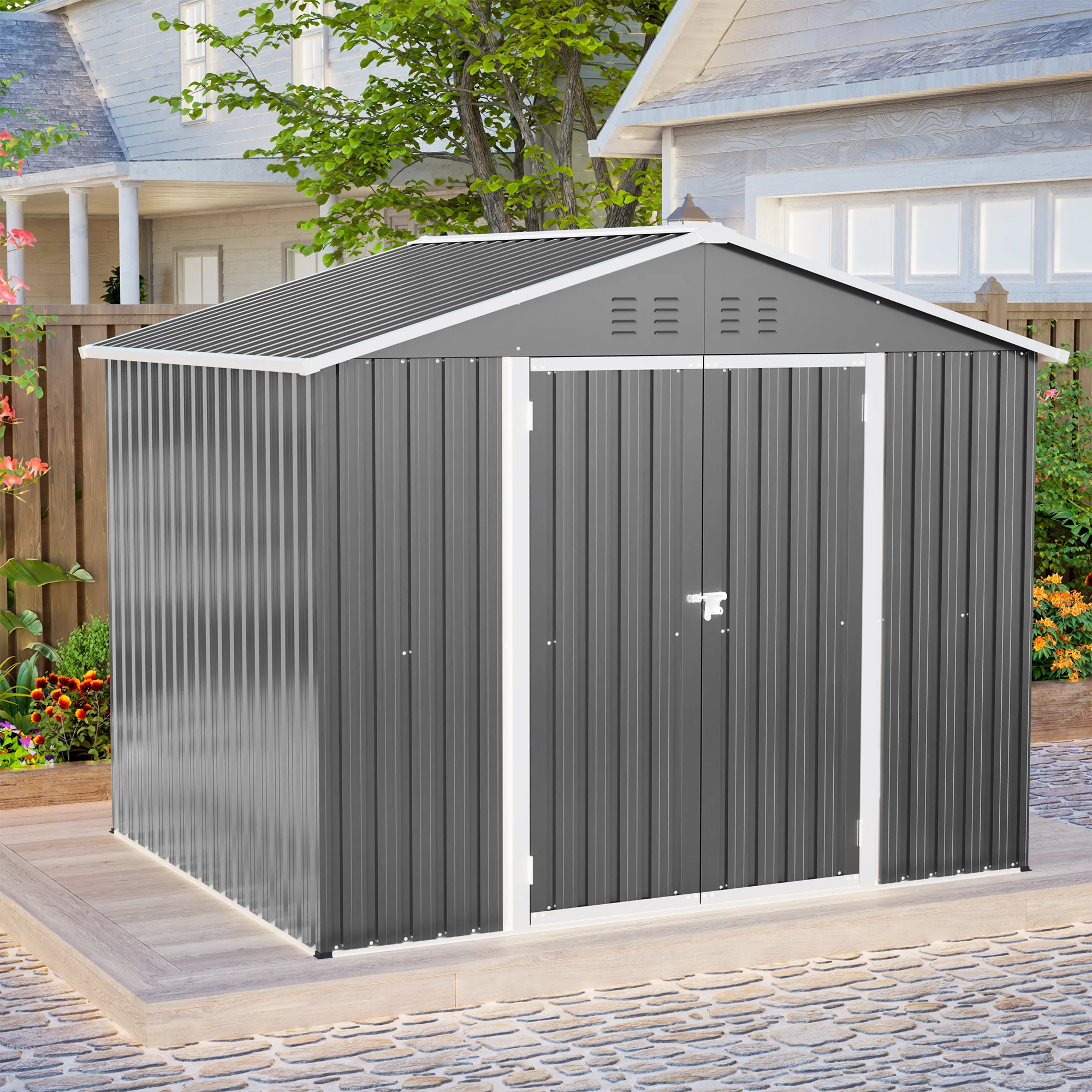 Caseta de Almacenamiento Metálica para Exteriores con Puerta con Cerradura, Impermeable, para Herramientas de Jardín, con Base y Ventilación, para Patio, sin Cerradura