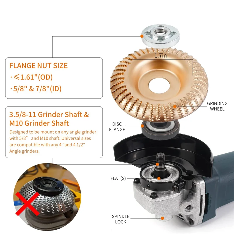 Disco de escultura em madeira fresca 4 e 4 1/2 acessórios de moedor de ângulo com caramanchão de 5/8 de polegada, ferramenta de moedor de coto
