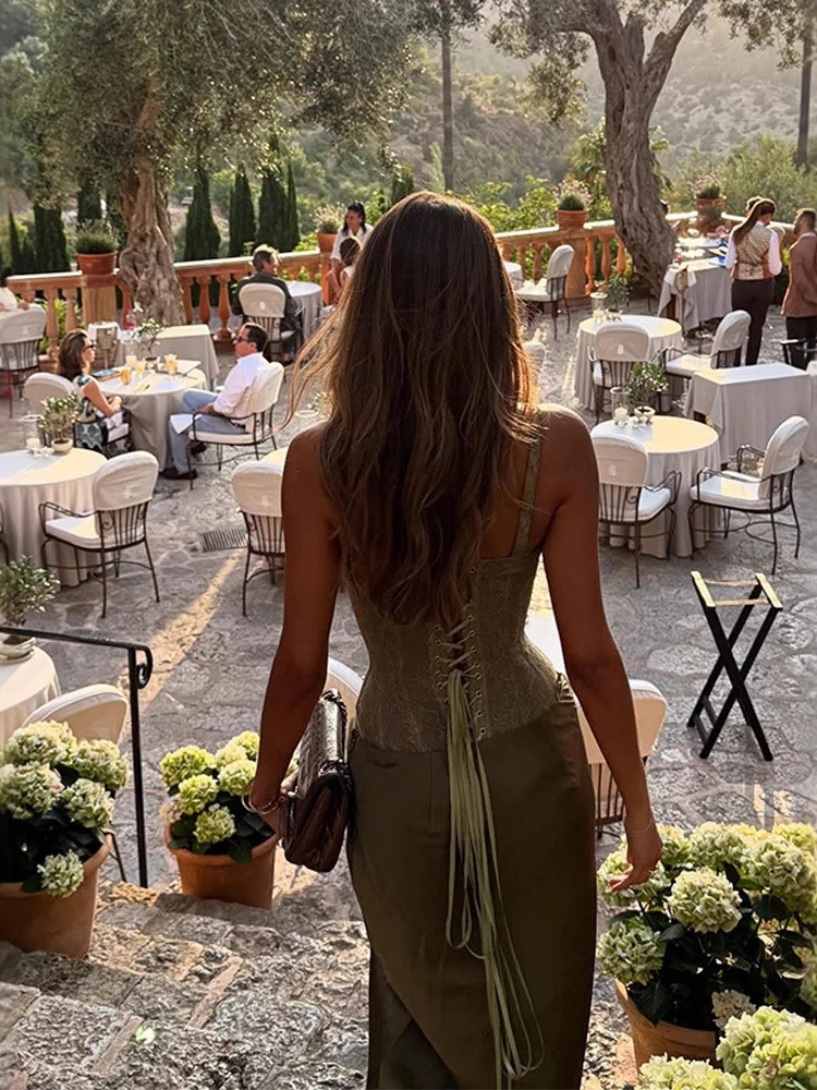 Modne stroje na wakacje, seksowny koronkowy top, kombinezon i zestaw z długą spódnicą, letni, ażurowy, bez rękawów, na ramiączkach, wyszczuplający strój na imprezę.