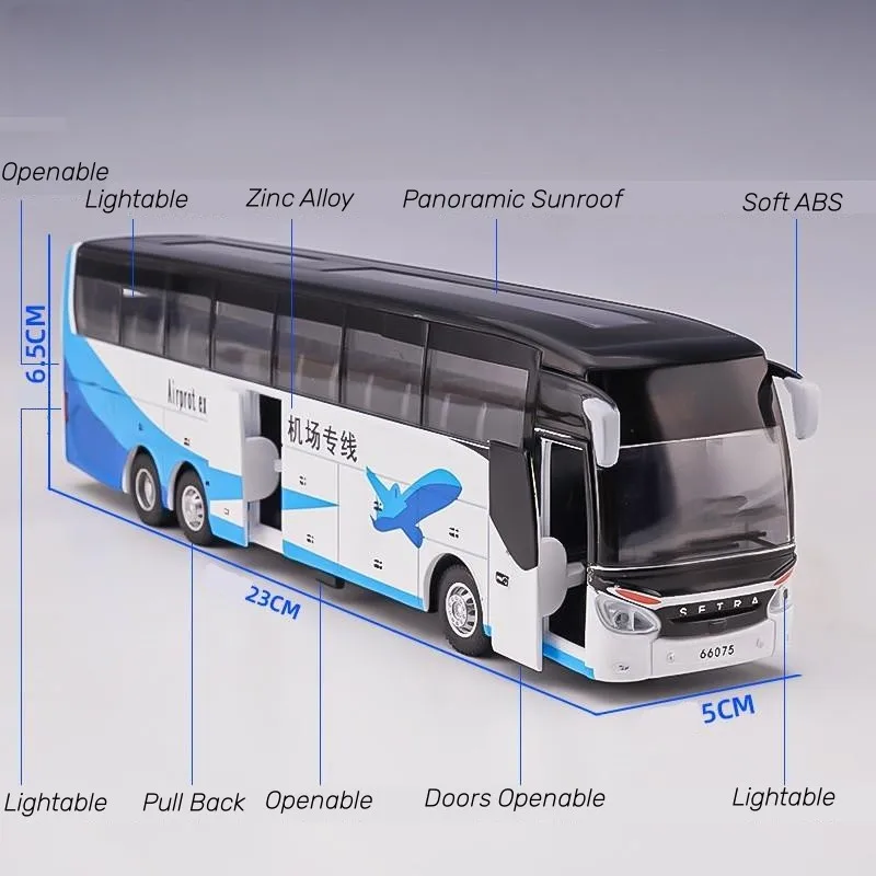 SETRA-Coche de juguete de autobús de lujo, modelo en miniatura fundido a presión, tire hacia atrás, sonido y luz, Colección educativa, regalo para