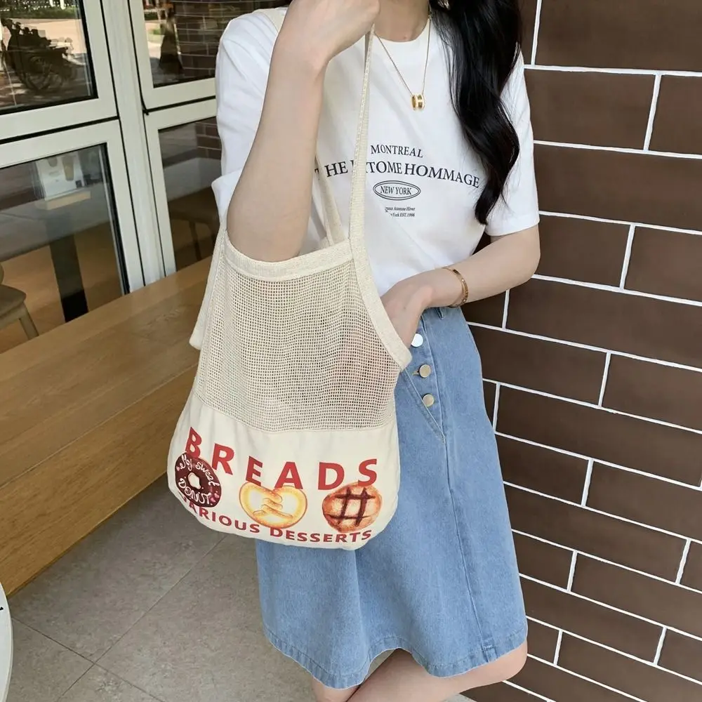 Letter Shoulder Bag Lightweight String Print Beach Bag Large Capacity Net Pocket Canvas Bag Outdoor