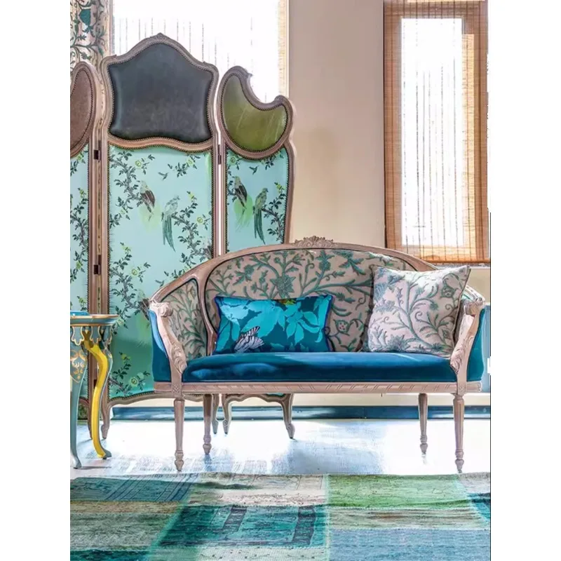 Wool embroidered retro sofa combination villa imported fabric all solid wood old design