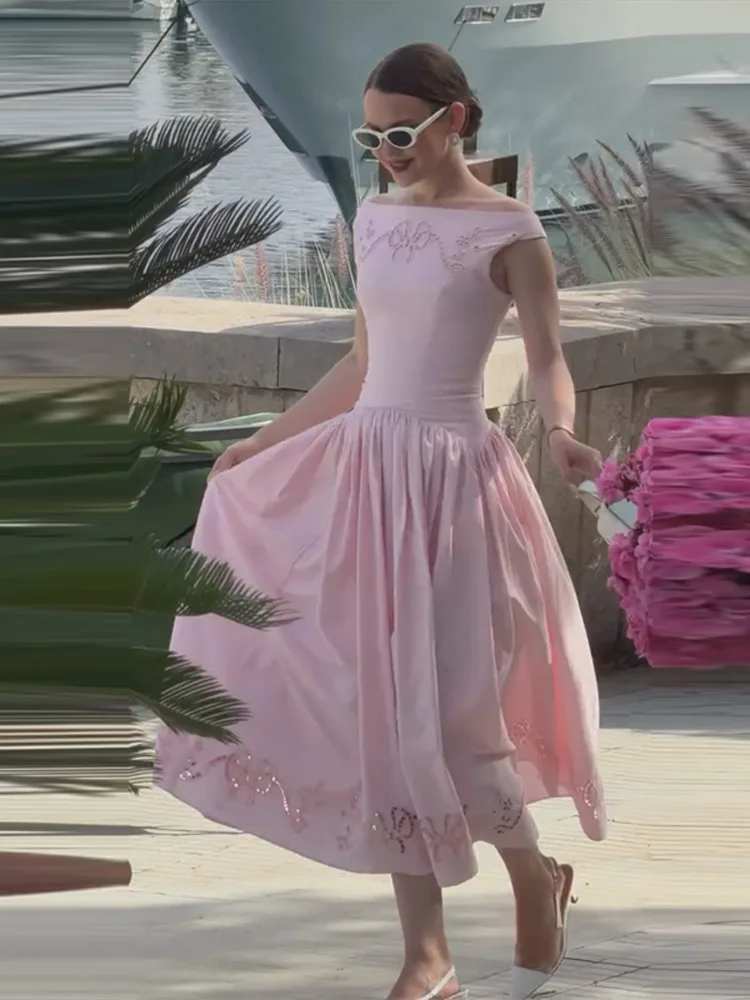 Schulterfreies, besticktes, tailliertes langes Kleid für Damen – Luxuriöses, weit ausgestelltes, schmales Party- und Abendkleid – Elegantes Damen-Vestido Longos – Detail 21