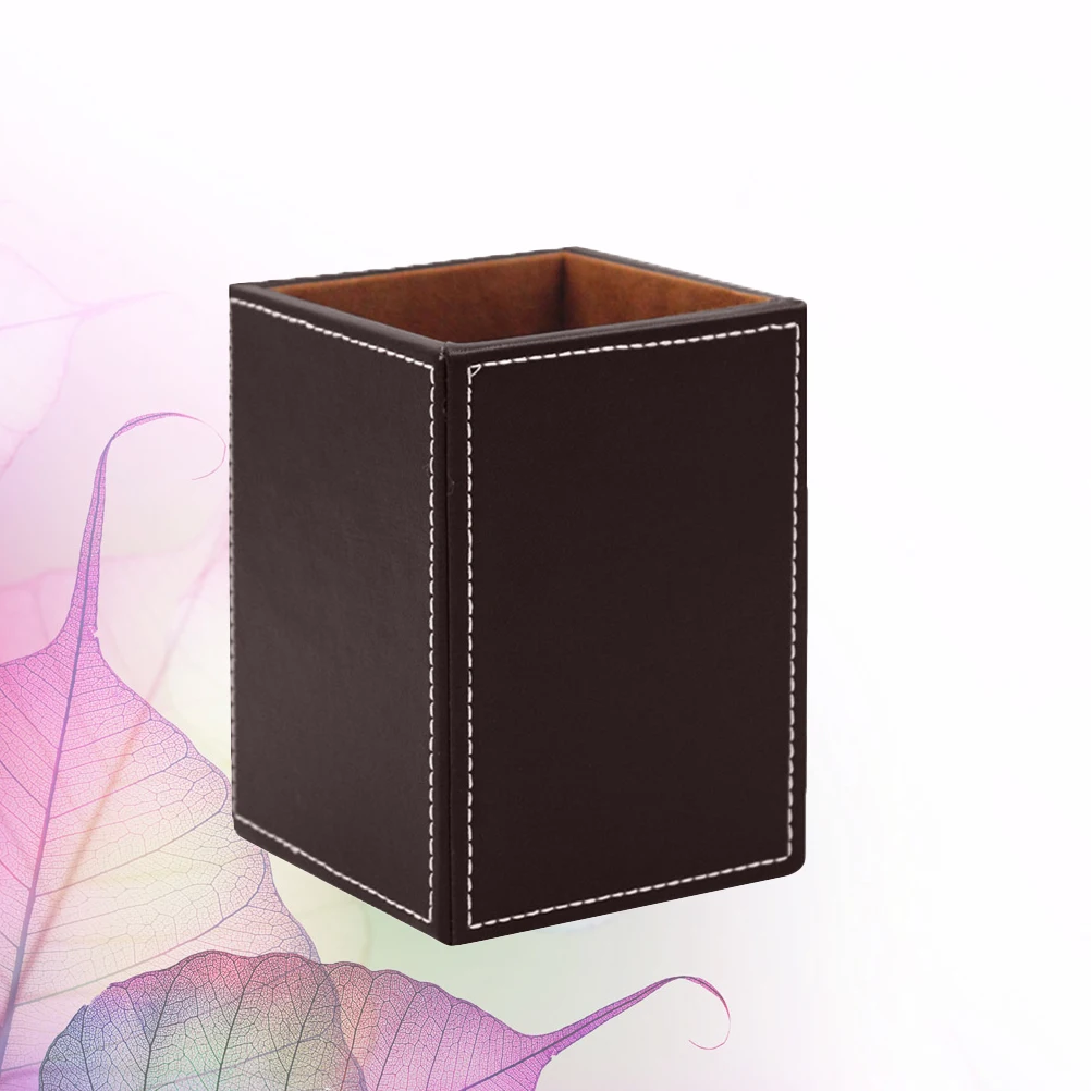 

1pc Pen Holder Premium Pu Square Desktop Organizer For Office Dorm Brown Pencil Storage Container Desk Supplies Pen Pot