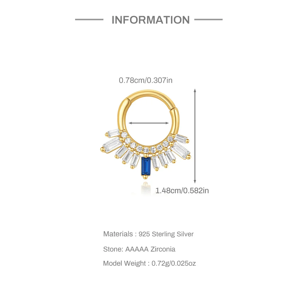 CANNER 1Pc 925 Silver Rectangular Single Row Zircon Hoop Earrings For Women 18K Gold Smooth Fried Dough Twists Horn Nose Ring