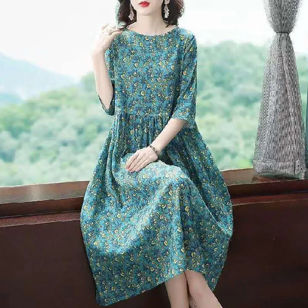 

Floral Dress Women Midi Dress Floral Print A-line Midi Dress with Pleated Big Hem Half Sleeves Plus Size Round Neck for Dating