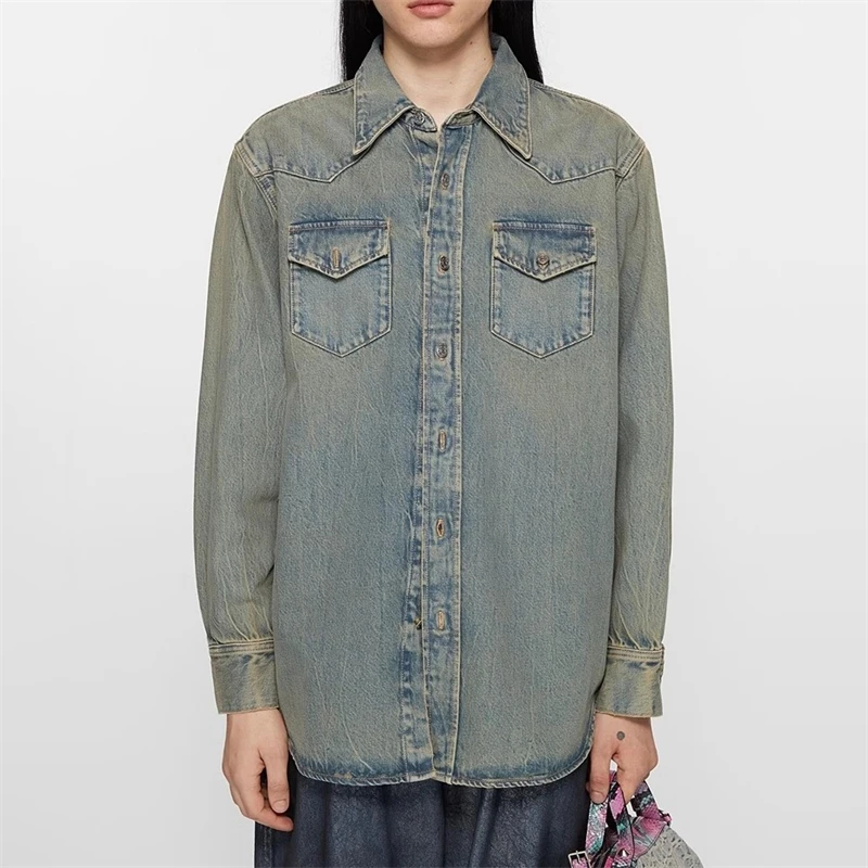 

2024 autumn new pure cotton washed old denim shirt y2k high quality fashion casual retro loose chest pocket shirt jacket traf