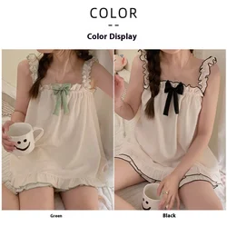 Women Summer Suspenders Two Pieces Pajamas Short With Bow Sleeveless Thin Sweet Cute Cotton Homewear Loose Soft Square Collar