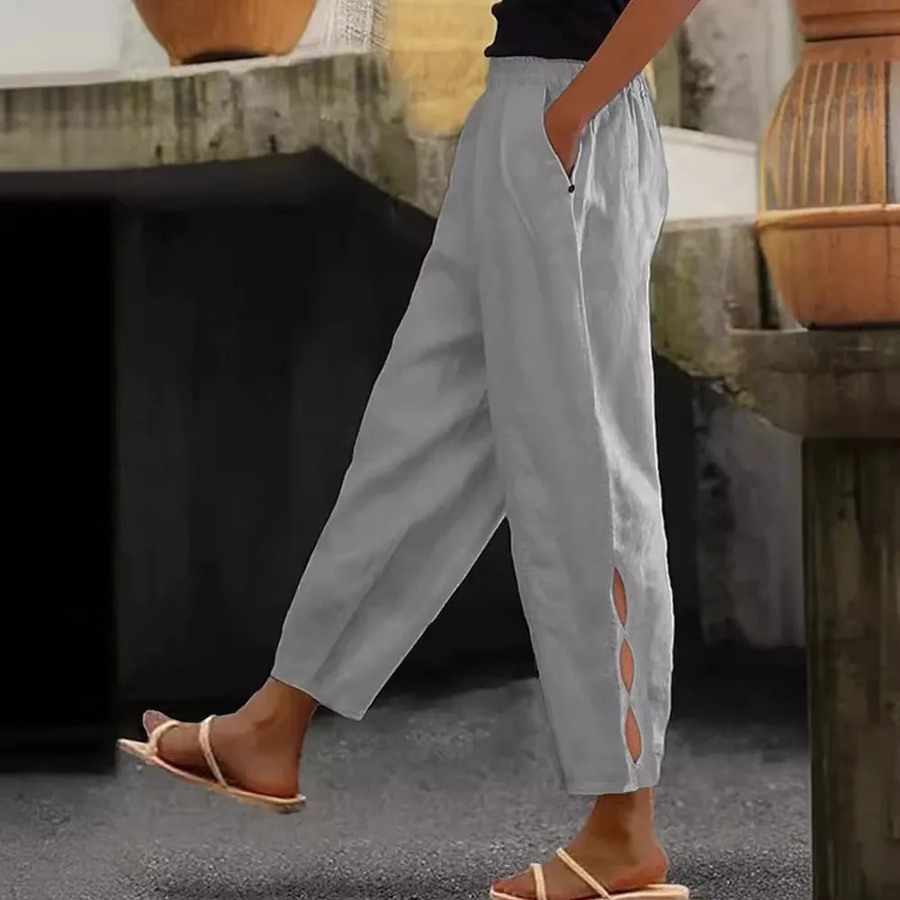 Spring Autumn New Women's Pants Cotton Linen Solid Color Fashionable Casual Daily Side Pocket Legs Hollow Button Trousers