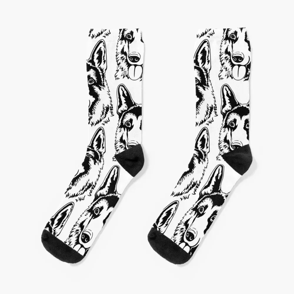 

German shepherd silhouette line art closeup clip art hand painting ink black and white Socks snow Ladies Socks Men's