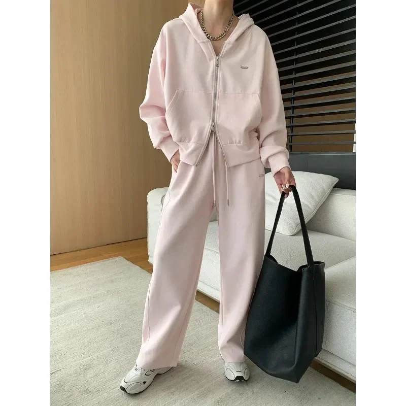 Double zipper lazy casual hooded sweatshirt drawstring wide leg pants suit early autumn new style