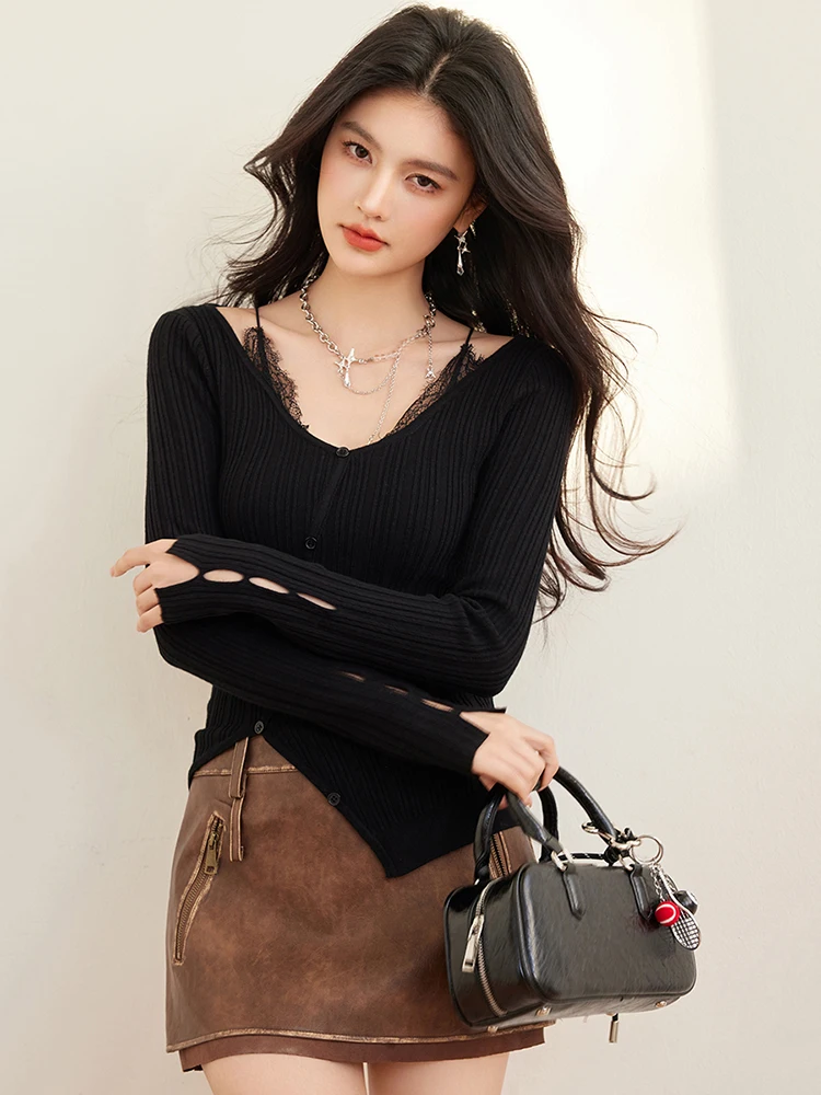 Nieregularny design Sense Dzianinowe topy Kobiety 2025 Wiosna Nowy Koronkowy patchwork Sweter z dzianiny Seksowna gorąca dziewczyna Top z długim rękawem